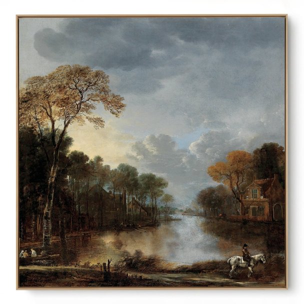 Quadro Decorativo Reprodução Pintores - Aert van der Neer - Paisagem com Cavaleiro
