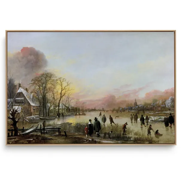 Quadro Decorativo Reprodução Pintores - Aert van der Neer - Rio Congelado no Pôr do Sol