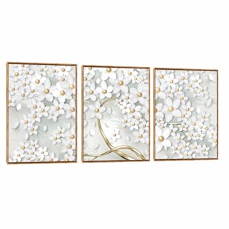 Quadro Decorativo Composição Trio Árvore Branca e Dourada