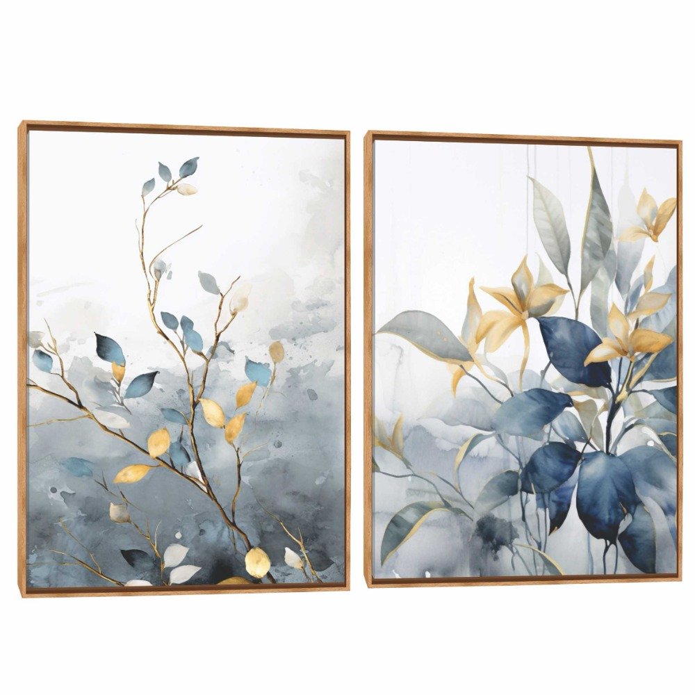 Quadro Decorativo Composição Duplo Folhas Azuis 