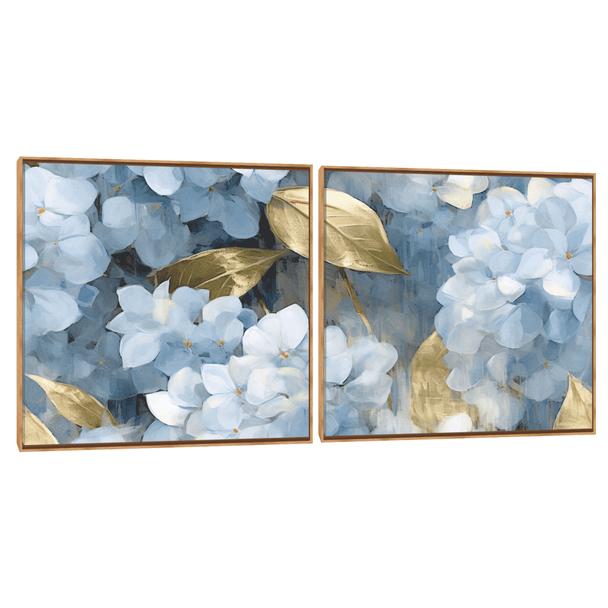 Quadro Decorativo Composição Duplo Hortência Folha Ouro