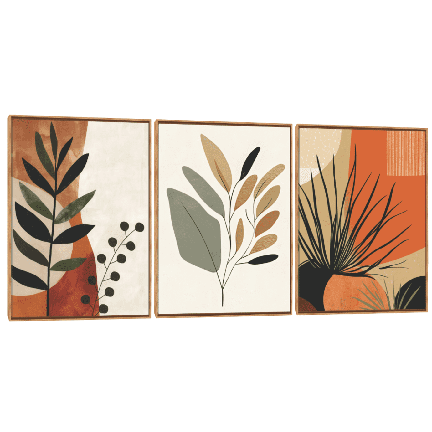 Quadro Decorativo Composição Trio Folhagem Tons De Terra